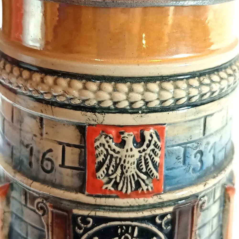 VTG Corzelius German Stoneware Beer Stein Pewter Lid Meistertrunk Rothenburg .5L